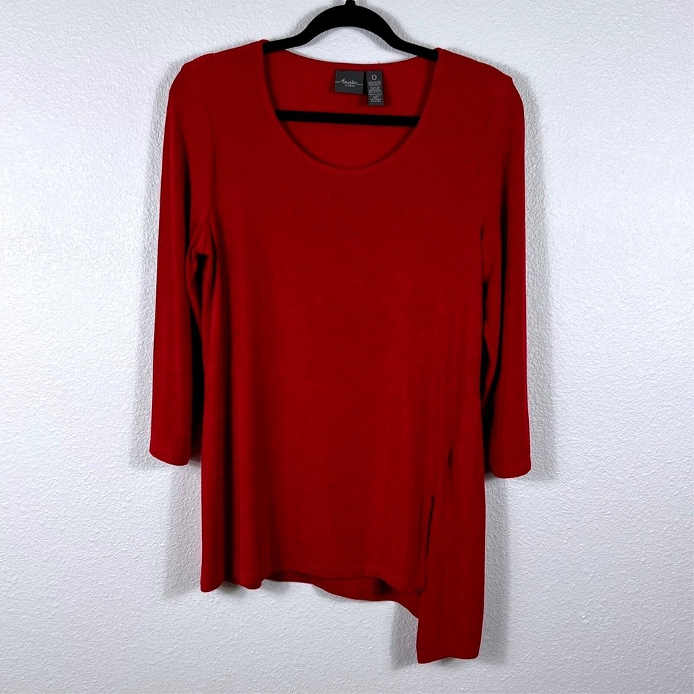 Chicos Travelers Top Slinky Asymmetrical Hem 3/4 Sleeve Red Women Size 0 Small